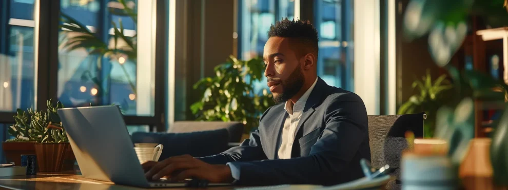 A professional man in a suit engaged with his laptop, leveraging contact center software for enhanced workflow.