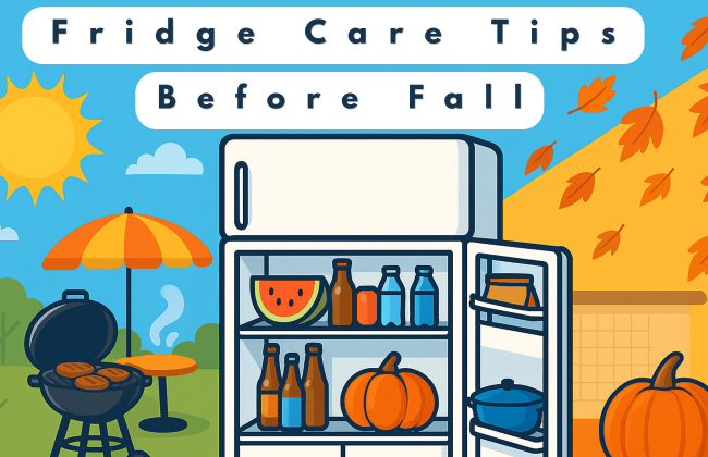 Fridge care tips before fall, with fridge stocked for summer and pumpkins for autumn
